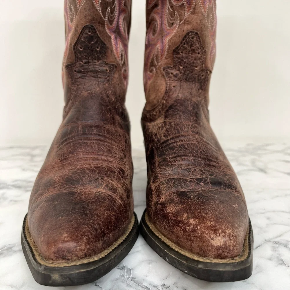 Justin Stampede Chocolate Puma women's 6B cowboy boots Purple Heart embroidery